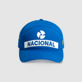 Close up of blue Ayrton Senna Nacional replica cap showing stitching and small top button on crown