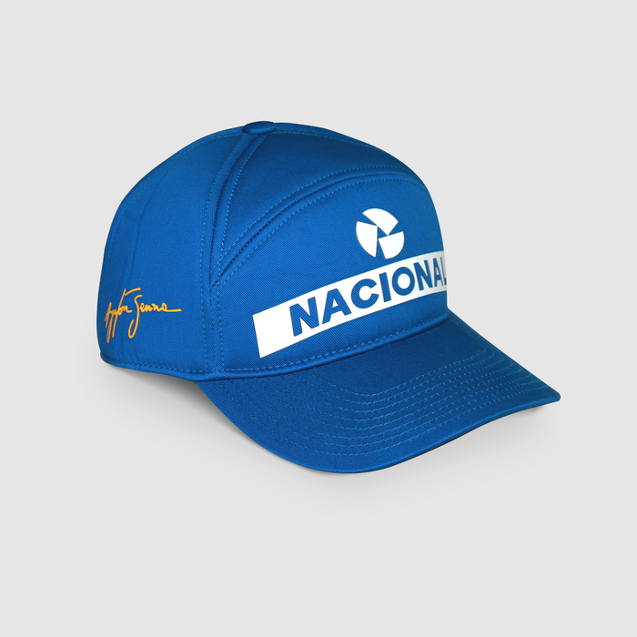 Blue cap angled to show bold white Nacional text across the front panel