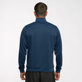 Back view of a model wearing a navy Ayrton Senna retro stripe jacket