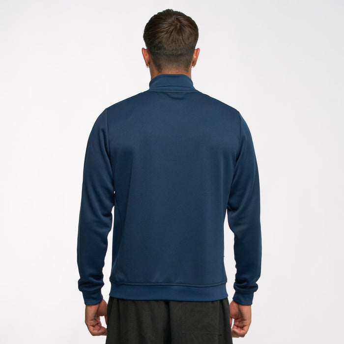 Back view of a model wearing a navy Ayrton Senna retro stripe jacket