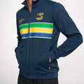 Close up of navy Ayrton Senna jacket chest with yellow logo and green white yellow stripe