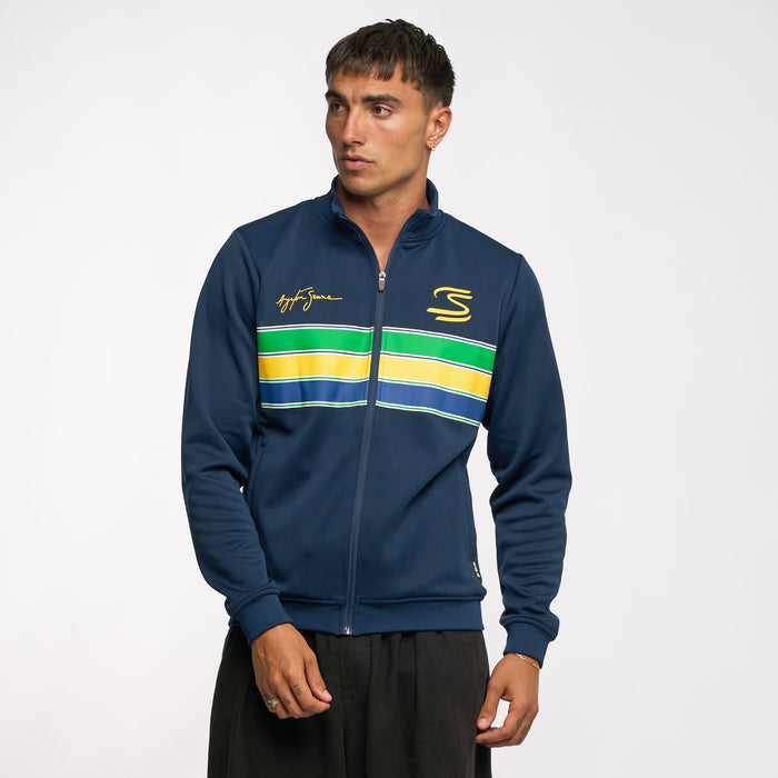 Male model wearing navy Ayrton Senna Unisex Retro Stripe Jacket with colorful stripe panels