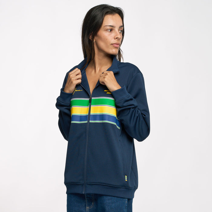 Female model wearing navy Ayrton Senna Unisex Retro Stripe Jacket with multicolor stripe panels
