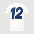 Back view of white Ayrton Senna retro stripe T shirt with a large blue 12 graphic across the back.