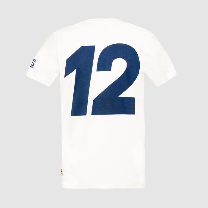 Back view of white Ayrton Senna retro stripe T shirt with a large blue 12 graphic across the back.