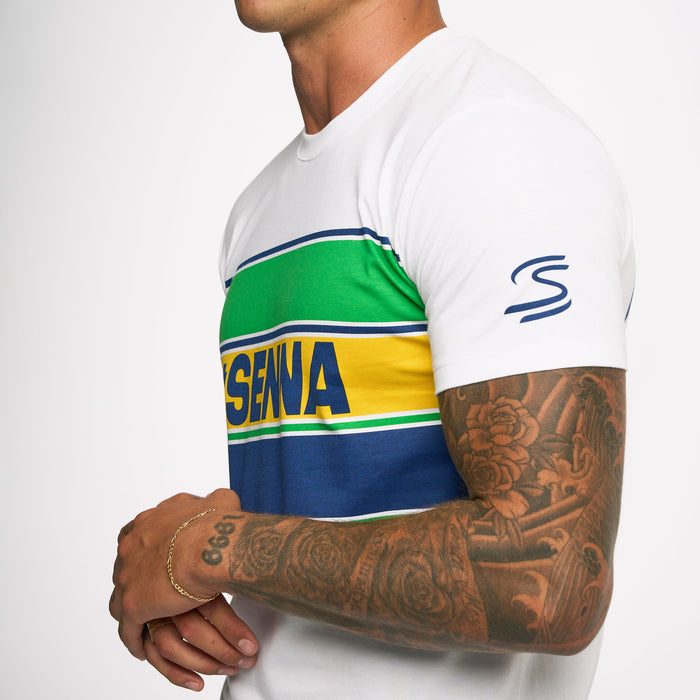 Front view of white Ayrton Senna retro stripe T shirt with green blue and yellow bands across the chest