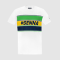 Close up of white Ayrton Senna retro stripe T shirt showing vivid green yellow and navy stripes across the chest
