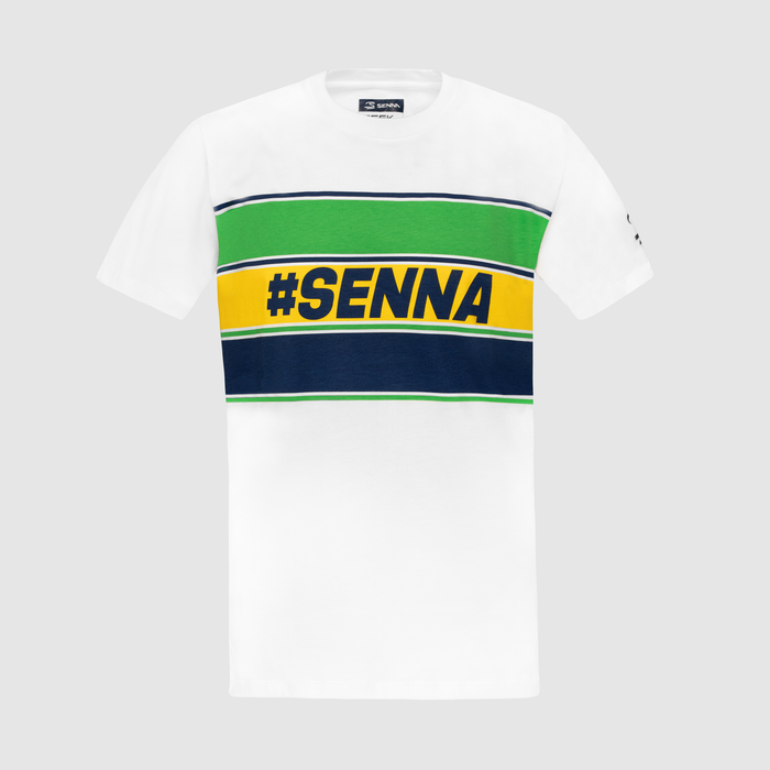 Close up of white Ayrton Senna retro stripe T shirt showing vivid green yellow and navy stripes across the chest