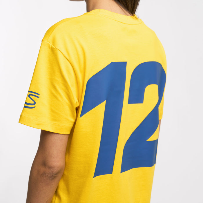 Back and side view of yellow Ayrton Senna Retro Stripe T Shirt with a bold stripe across the torso