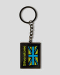 Silverstone Moto GP keyring with square pendant featuring a blue cross design on lime background.