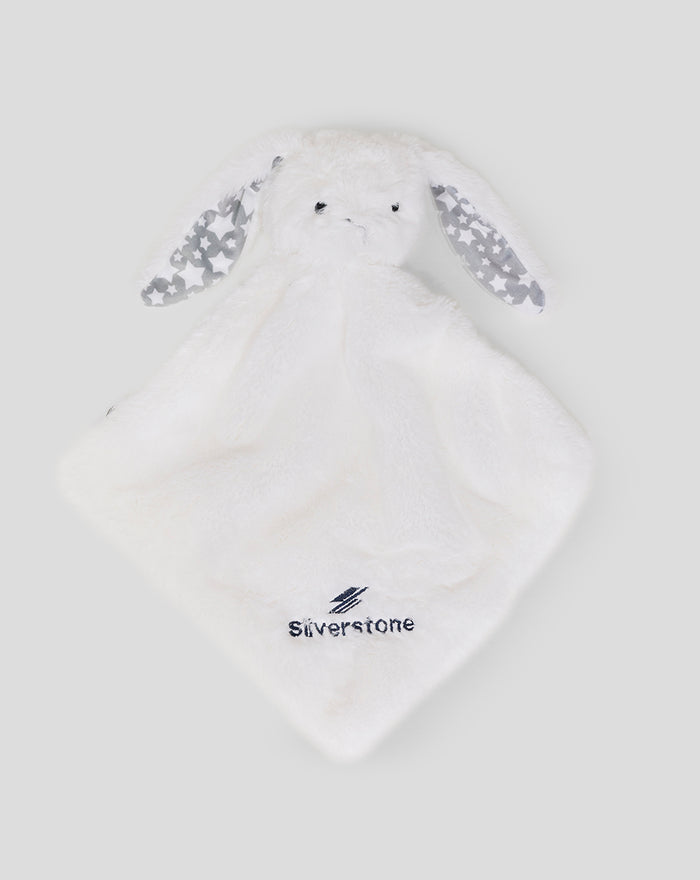 Soft white plush rabbit comforter with grey star patterned ears and Silverstone logo