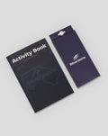 Navy blue activity book with Silverstone branding and a matching purple box.
