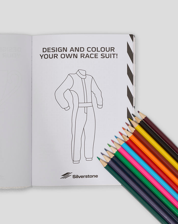 Open page showing a racing suit outline and a row of colored pencils.