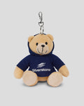 Soft teddy bear keychain wearing a navy hoodie with the Silverstone logo and a metal clip.