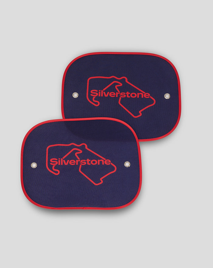 Two navy car window shades with red trim and Silverstone logo.