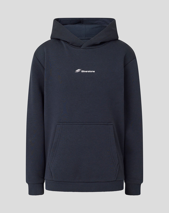 Front view of dark navy Juniors British Injection Hoodie with small white Silverstone logo