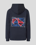 Back view of dark navy Juniors hoodie featuring bold graphic artwork with Union Jack inspired design