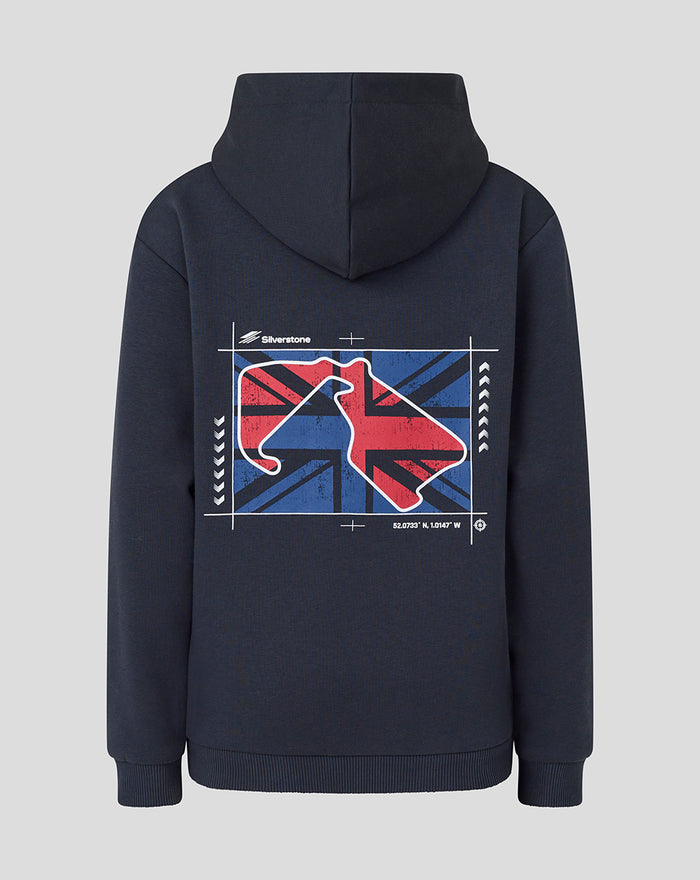 Back view of dark navy Juniors hoodie featuring bold graphic artwork with Union Jack inspired design
