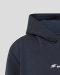Close-up of dark navy Silverstone Juniors hoodie showing the hood and a small white logo on the chest.