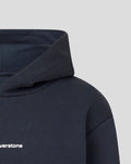 Close-up of the dark navy hooded sweatshirt highlighting the folded hood and fabric texture.