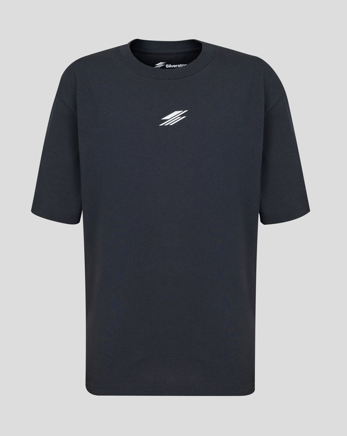 Dark navy short sleeve T shirt with a white Silverstone logo at the chest and a bold festival graphic on the back.