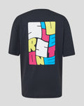 Back view of a dark navy T shirt with a large colorful Silverstone festival graphic.