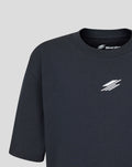 Front view of a dark navy T shirt showing a bold multicolor graphic across the chest.