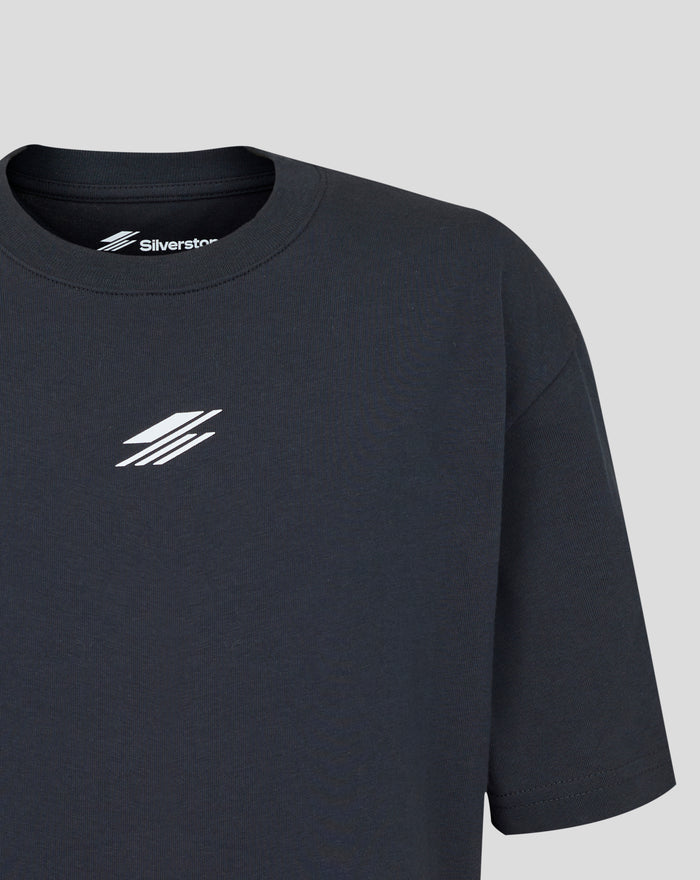 Silverstone Festival Brights T Shirt dark navy close up shows ribbed crew neck and front logo