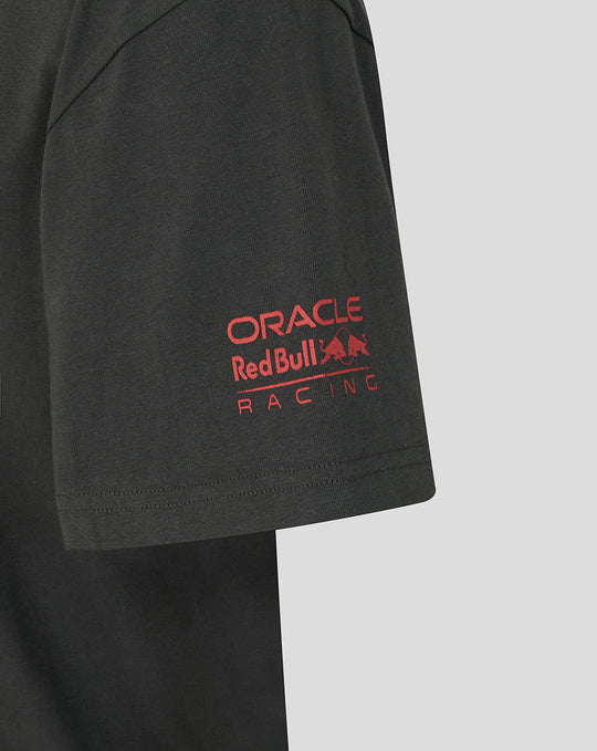Close up of a black Oracle Red Bull Racing World Tour T‑shirt sleeve with a red logo.