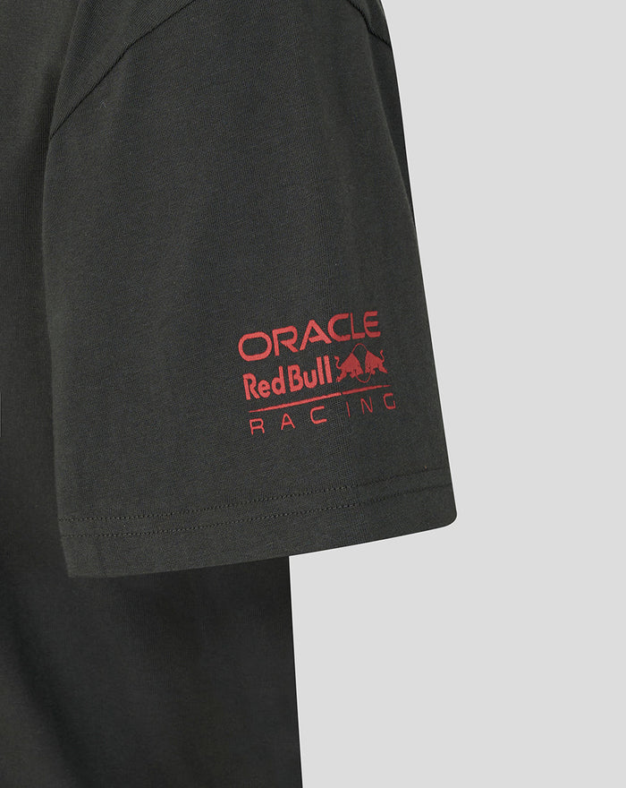 Close up of a black Oracle Red Bull Racing World Tour T‑shirt sleeve with a red logo.