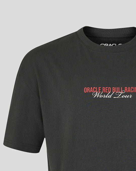 Front view of a black World Tour T‑shirt showing the chest Oracle Red Bull Racing graphic.