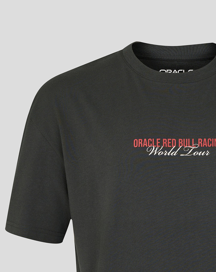 Front view of a black World Tour T‑shirt showing the chest Oracle Red Bull Racing graphic.