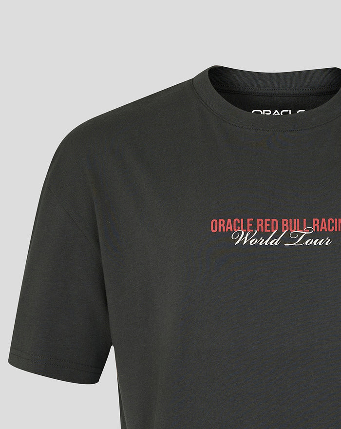 Front view of a black World Tour T‑shirt showing the chest Oracle Red Bull Racing graphic.