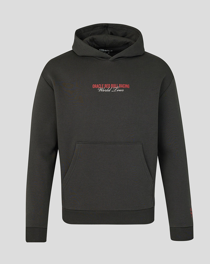 Front view of black Oracle Red Bull Racing World Tour Hoodie with a small chest graphic