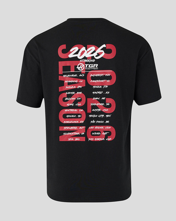 Back view of black World Tour Relaxed Fit T Shirt with bold red 2026 graphic and tour city calendar