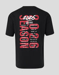 Back view of black World Tour Relaxed Fit T Shirt with bold red 2026 graphic and tour city calendar