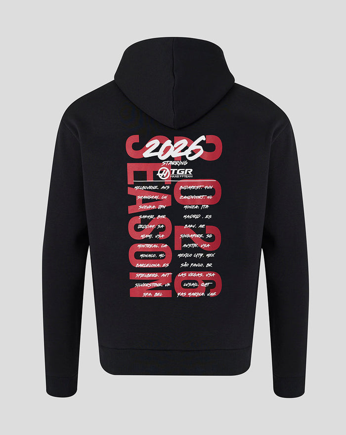 Back view of black Haas F1 hoodie with bold red World Tour graphic