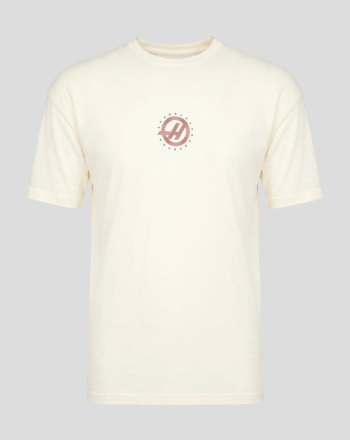 Cream Haas Team roundel T shirt with small circular red and blue emblem on the chest