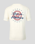 Off white T shirt with large back graphic featuring Born in America script and a starry circular design