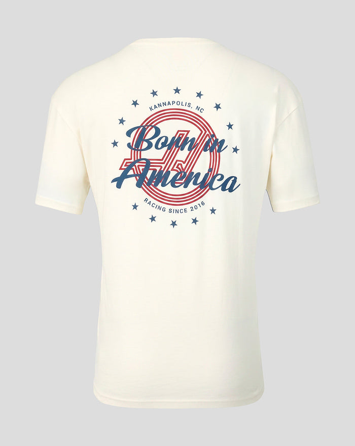 Off white T shirt with large back graphic featuring Born in America script and a starry circular design