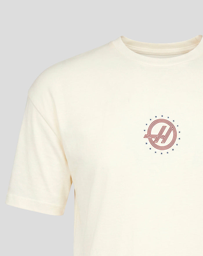 Front view of an Egret T-shirt with a circular Haas F1 Team logo on the left chest