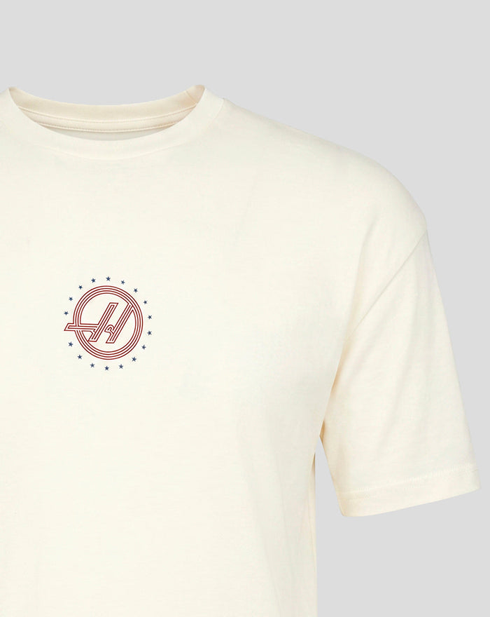 Left chest circular Haas F1 Team logo encircled by stars on an Egret T-shirt