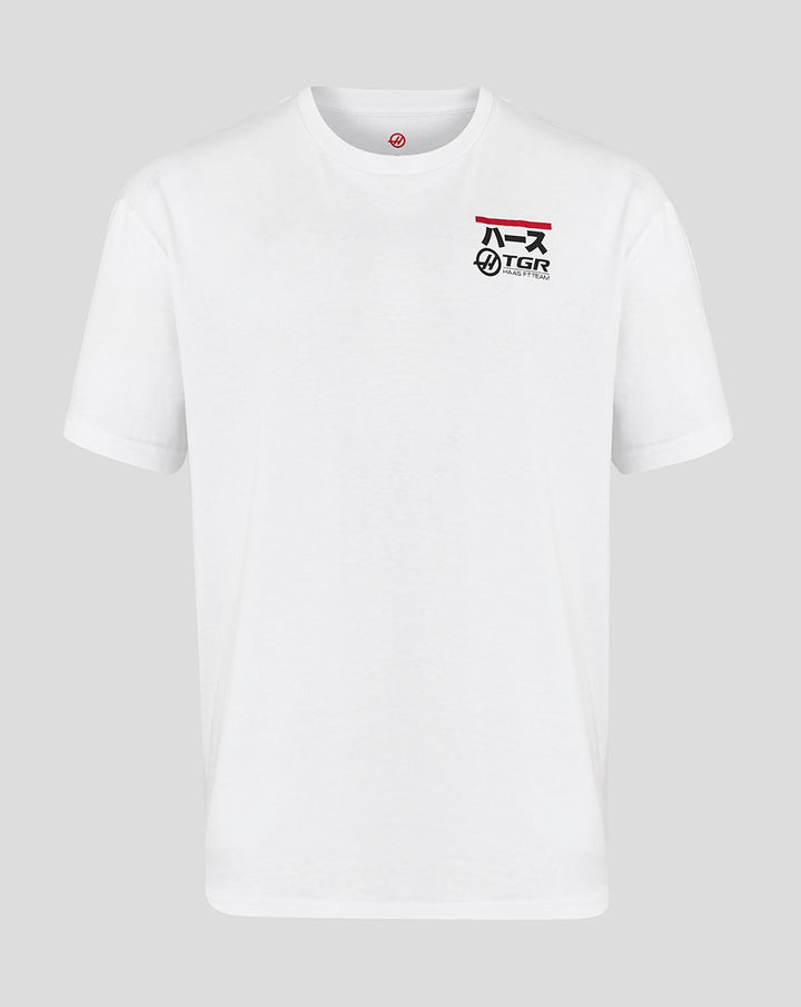 White Haas Team graphic T shirt with a racing car graphic on the left chest and a back graphic; rib collar and relaxed fit