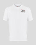 White Haas Team graphic T shirt with a racing car graphic on the left chest and a back graphic; rib collar and relaxed fit
