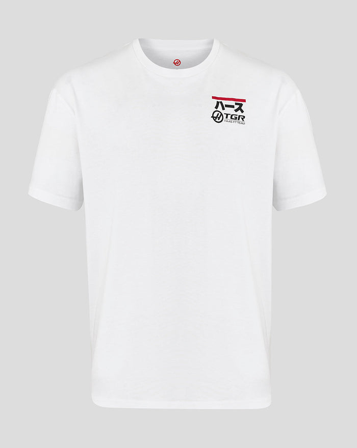 White Haas Team graphic T shirt with a racing car graphic on the left chest and a back graphic; rib collar and relaxed fit