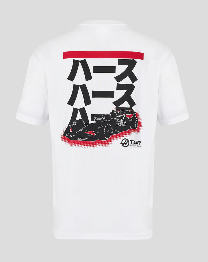 Back view of a white Haas Team graphic T shirt with bold Japanese artwork and a racing car illustration