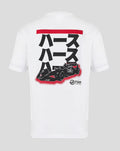 Back view of a white Haas Team graphic T shirt with bold Japanese artwork and a racing car illustration