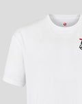 White Haas Team unisex T shirt with racing car graphic on left chest and branding on upper back