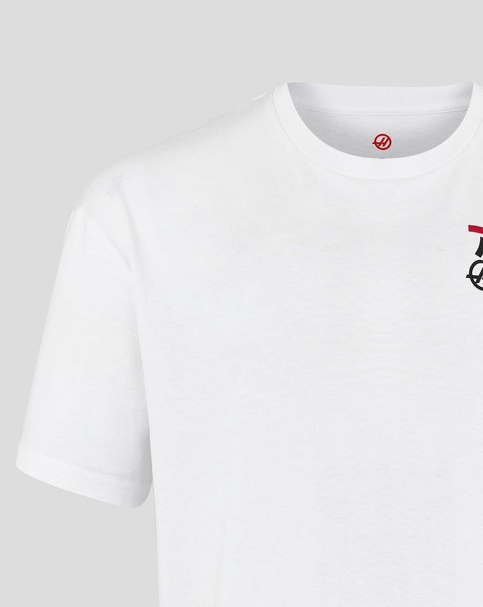 White Haas Team unisex T shirt with racing car graphic on left chest and branding on upper back