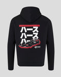 Back view of black Haas hoodie showing a large racing car graphic and bold white Japanese characters under a red bar
